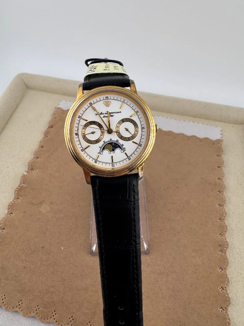 Vintage Jules Jurgensen Moon Phase Watch Day & Date 9 inch Black Leather Strap